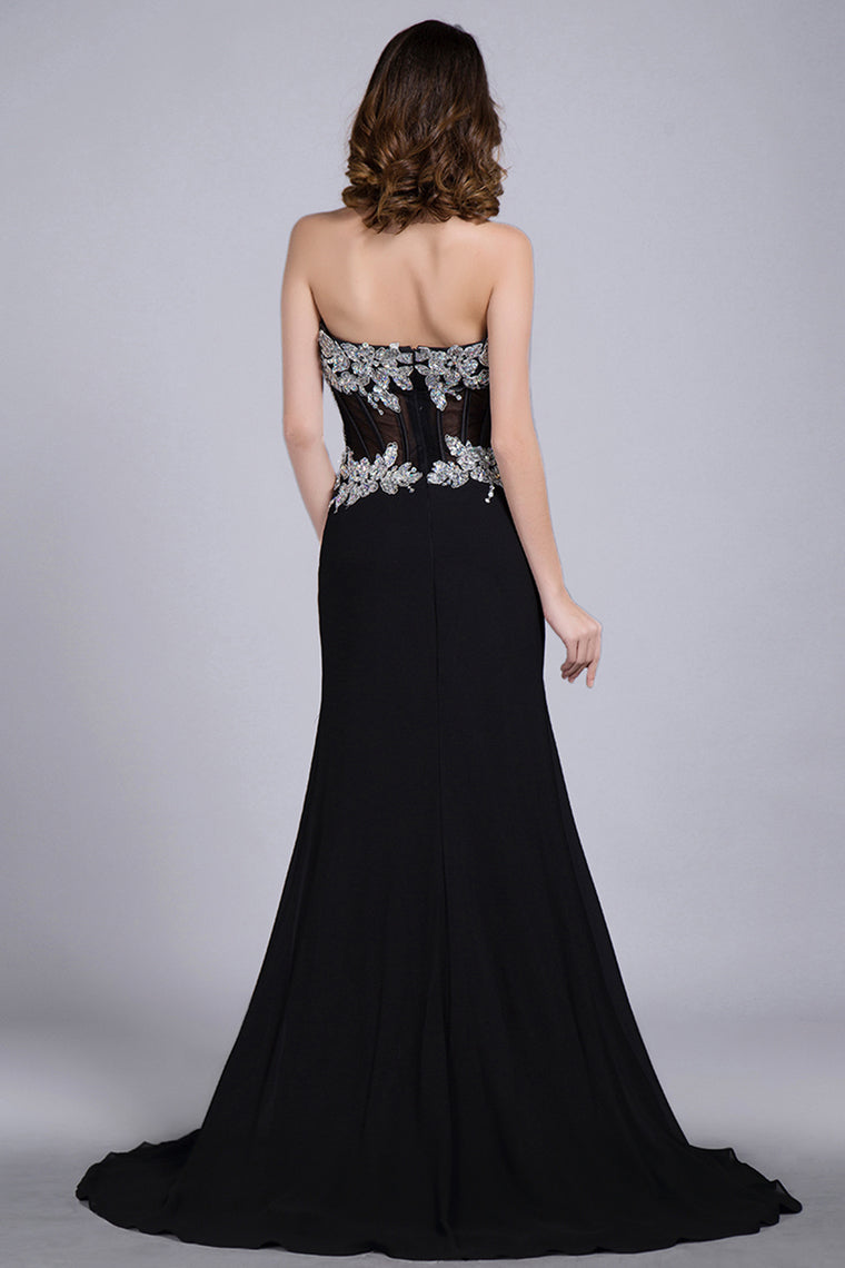 2022 Prom Dresses Mermaid/Trumpet Black Sweetheart Chiffon With Rhinestone