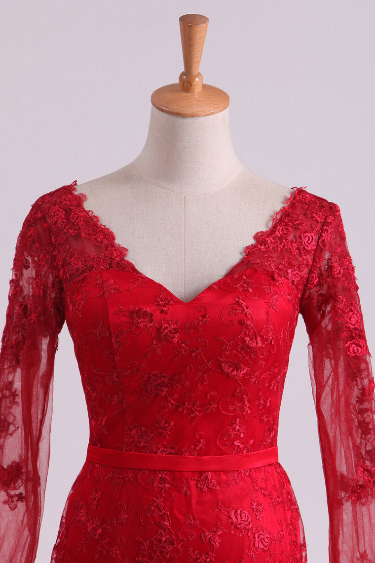 2022 Red V-Neck Evening Dresses Mermaid With Applique Lace And Tulle