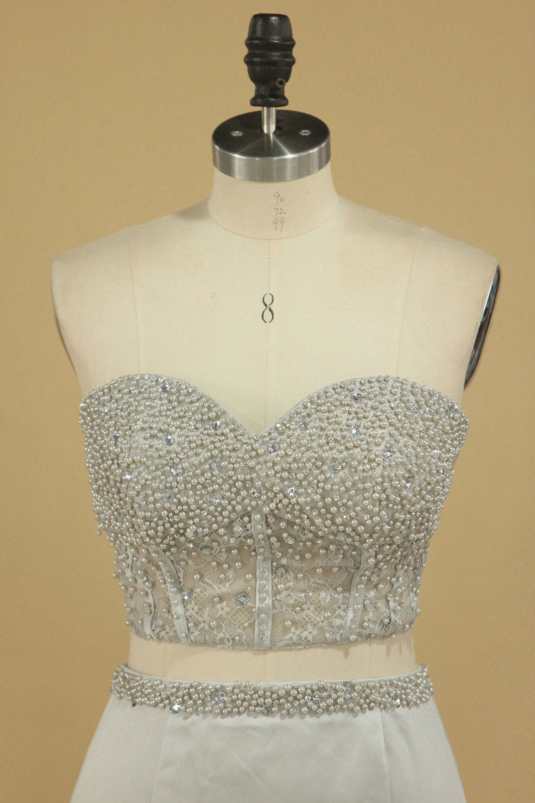 2022 Satin Floor Length Two-Piece Prom Dresses Sweetheart Beaded Bodice Mermaid