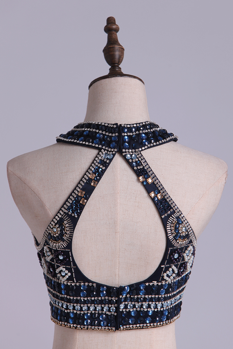 2022 Two Pieces Homecoming Dresses Halter A-Line Beaded Bodice Tulle