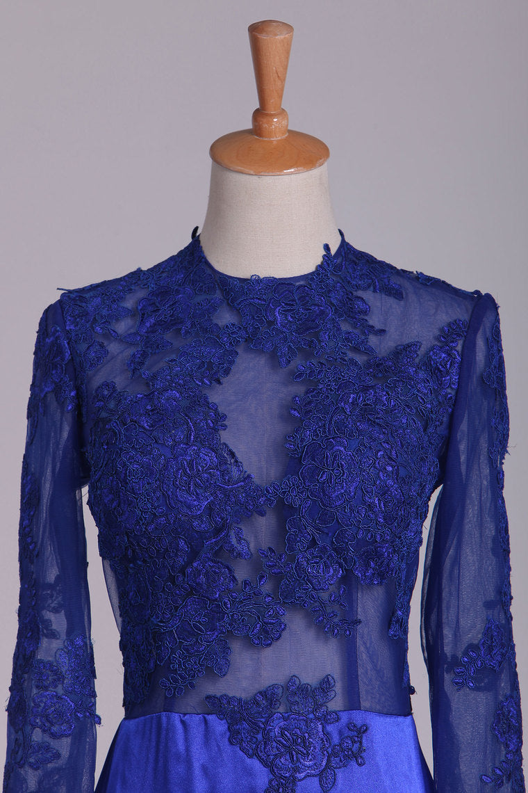 2022 Long Sleeve Evening Dresses Mermaid/Trumpet Elastic Satin With Applique Dark Royal Blue