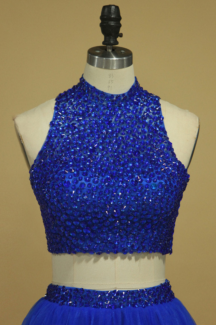 2022 Two-Piece Tulle With Beading Prom Dresses High Neck A Line