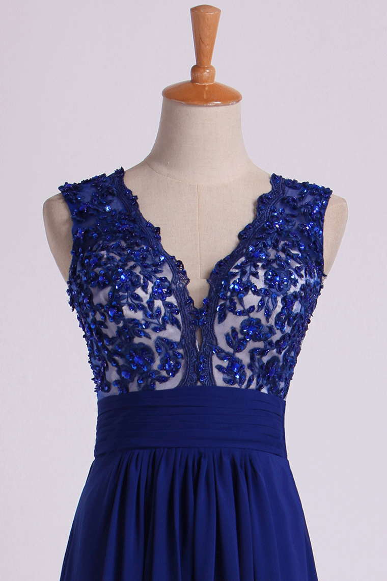 2022 V Neckline Prom Dresses Ruched Waistband Tulle Back Flowing Chiffon Skirt Full Length