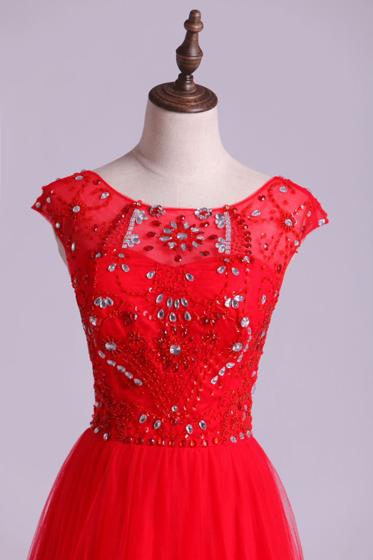 2022 Prom Dresses A Line Scoop Long Tulle V Back Red