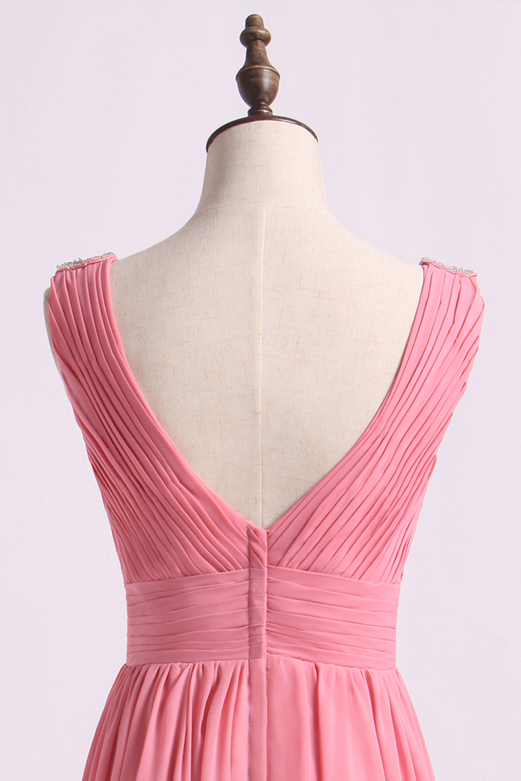 2022 V Neck A Line Chiffon Bridesmaid Dress With Beads Floor Length