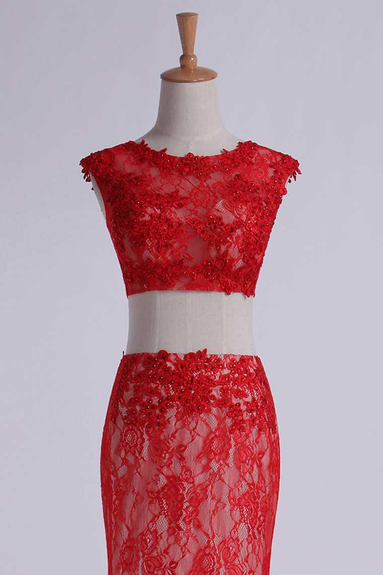 2022 Two Pieces Bateau Mermaid Prom Dresses Floor Length Lace With Applique