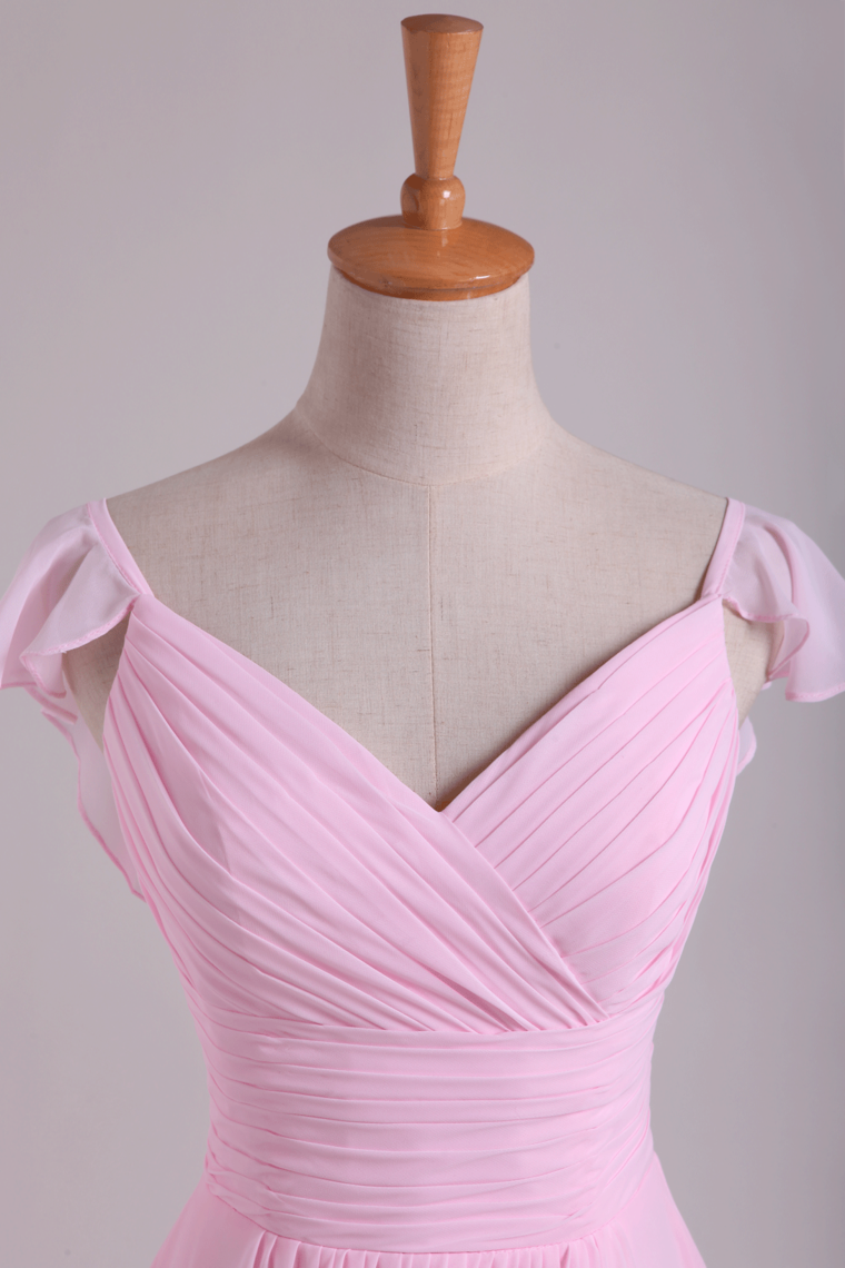 2022 Bridesmaid Dresses A Line V Neck Knee Length Chiffon