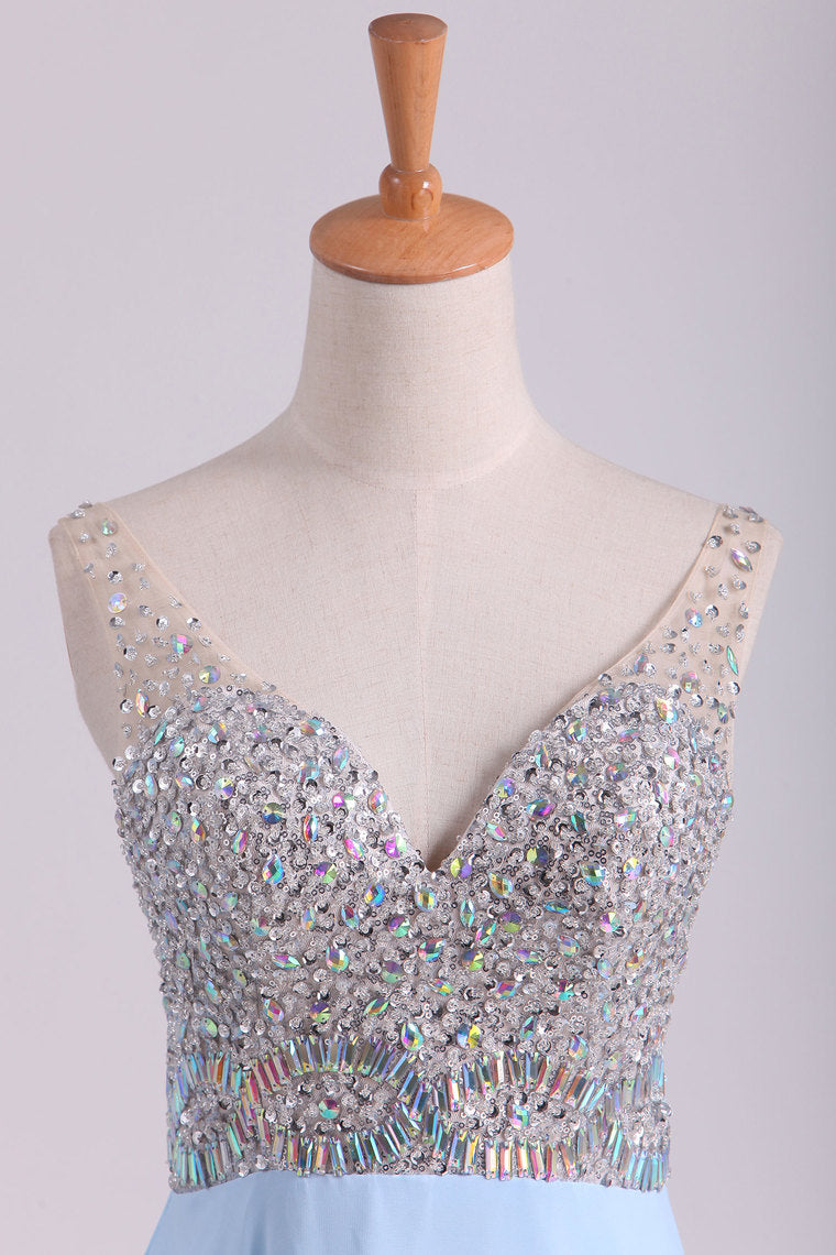 2022 Prom Dresses V Neck Beaded Bodice Sweep Train Chiffon A Line
