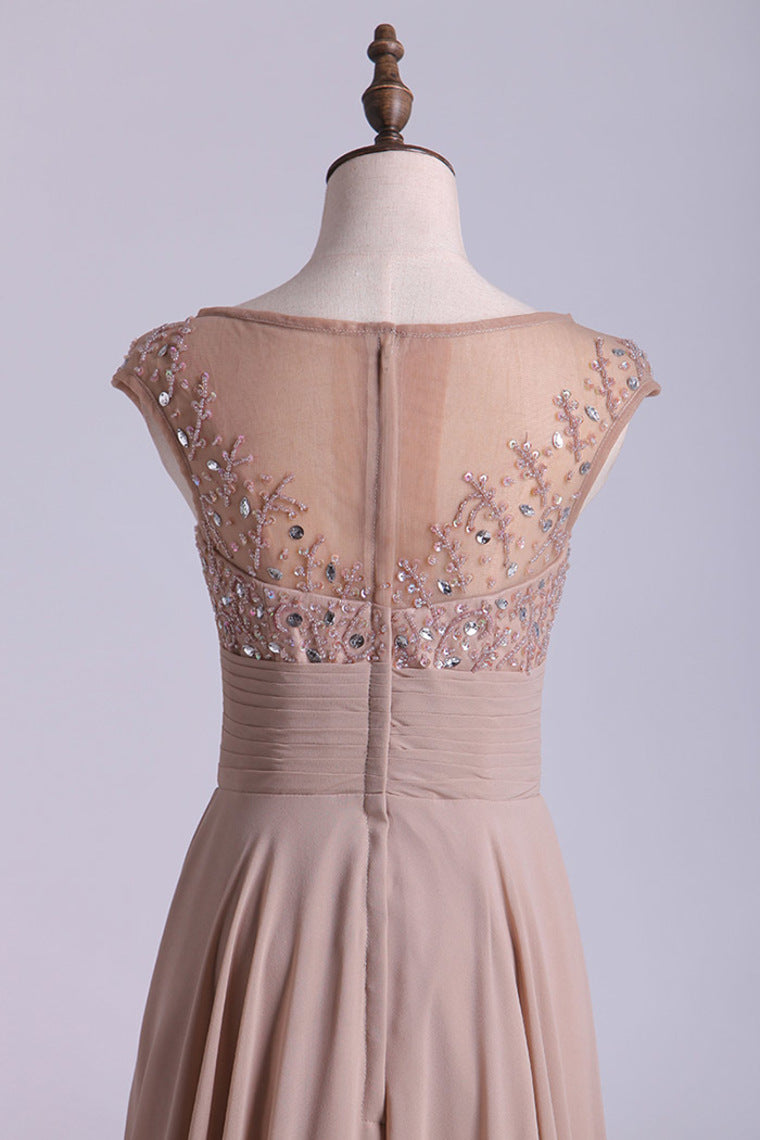 2022 Bateau A-Line Prom Dresses Chiffon With Beads And Applique Floor Length