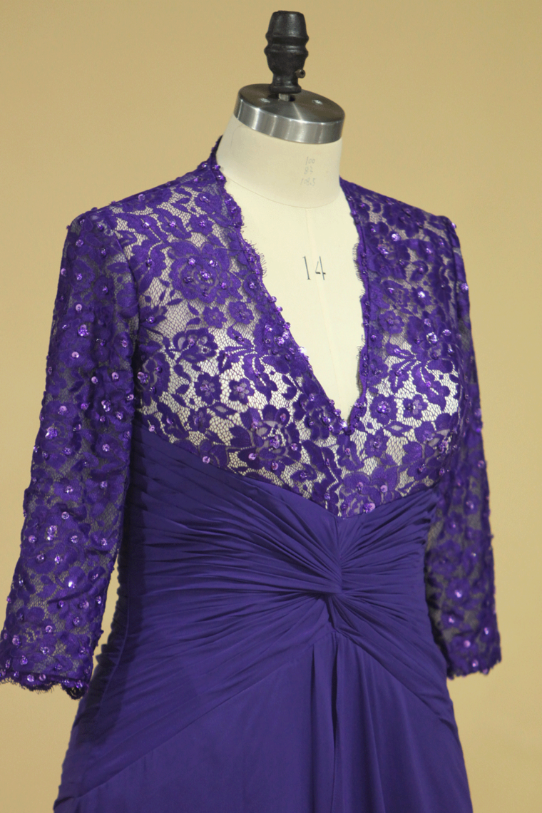 2022 Plus Size Mother Of Bridal Gown With 3/4 Sleeves A Line V Neck Chiffon Lace