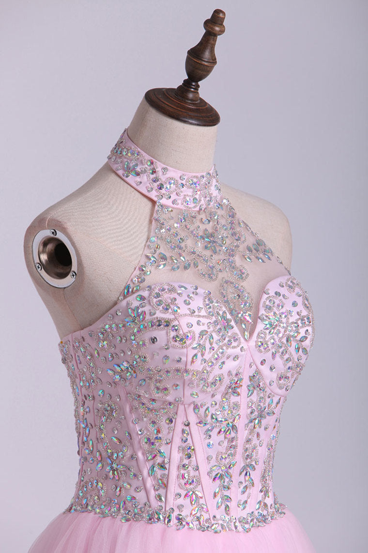 2022 Halter A-Line Short/Mini Homecoming Dresses With Beads Tulle