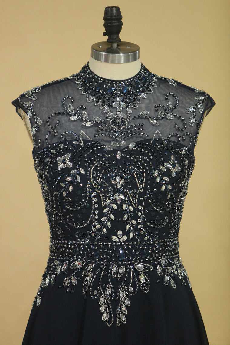 2022 A Line High Neck Beaded Bodice Prom Dresses Open Back Chiffon
