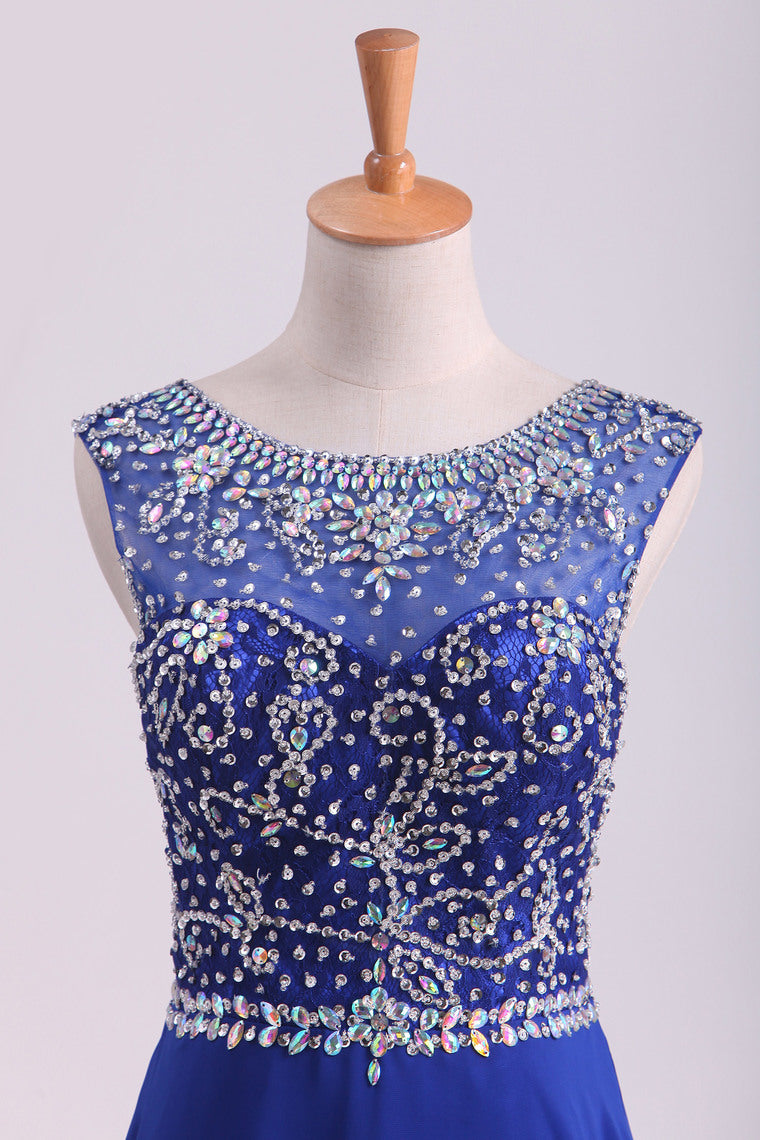 2022 Dark Royal Blue A-Line Bateau Sweep Train Chiffon&Lace Prom Dresses With Slit