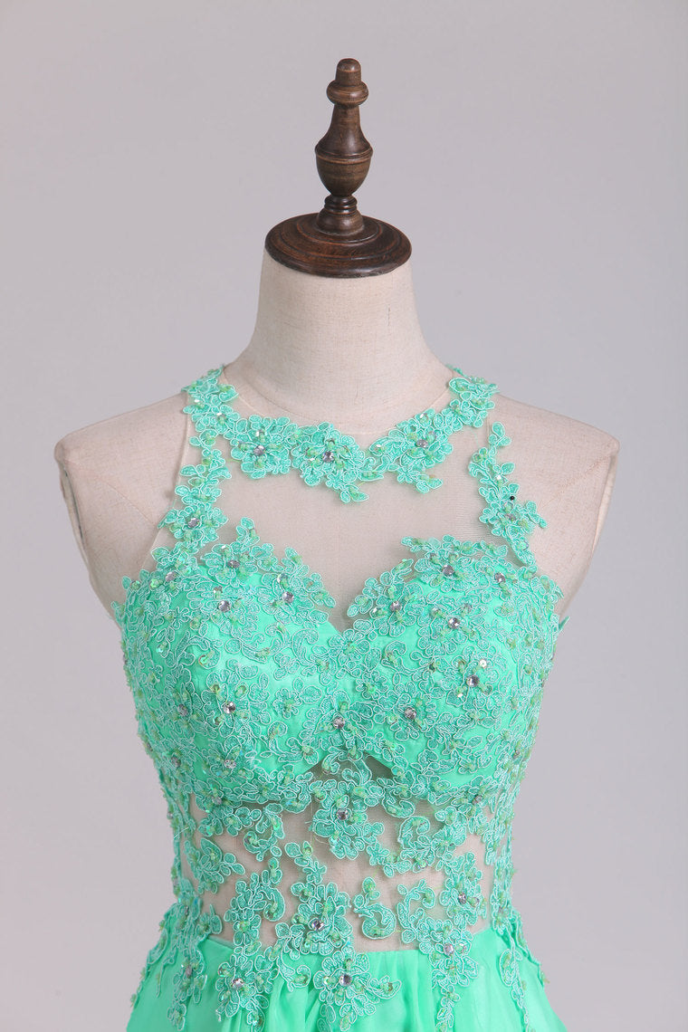 2022 Sexy Open Back Scoop Prom Dresses A Line Chiffon With Applique Floor Length