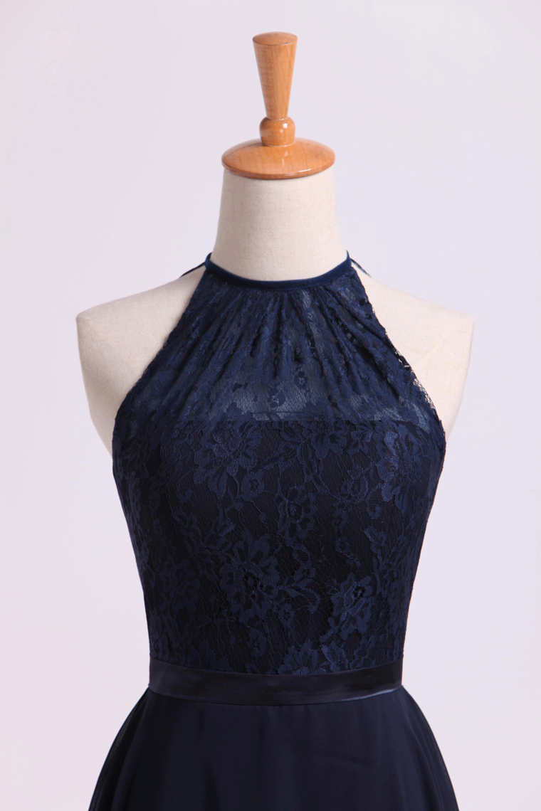 2022 Scoop Neckline Princess Knee Length Chiffon&Lace Dress With Sash