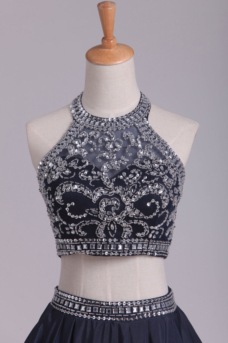 2022 Two-Piece Halter Beaded Bodice A Line Prom Dresses Taffeta Floor Length
