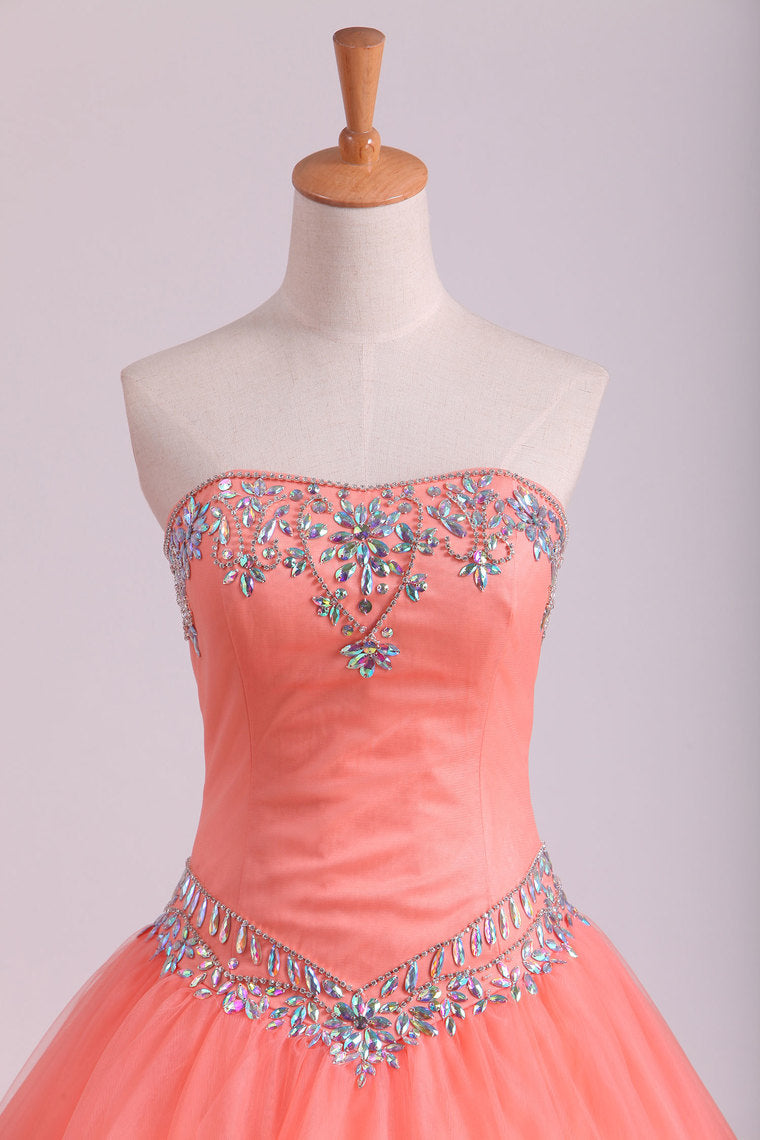 2022 Quinceanera Dresses Ball Gown Strapless Tulle With Applique Floor Length