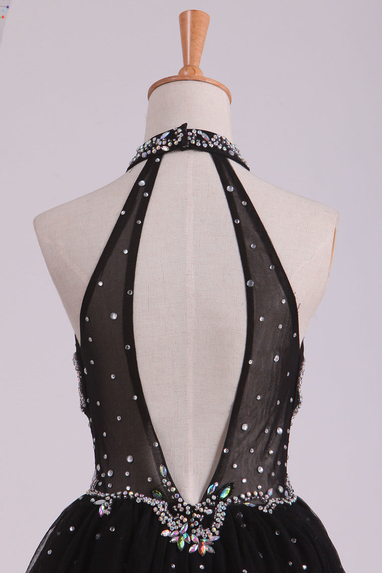 2022 High Neck A Line Open Back Tulle With Beads Homecoming Dresses