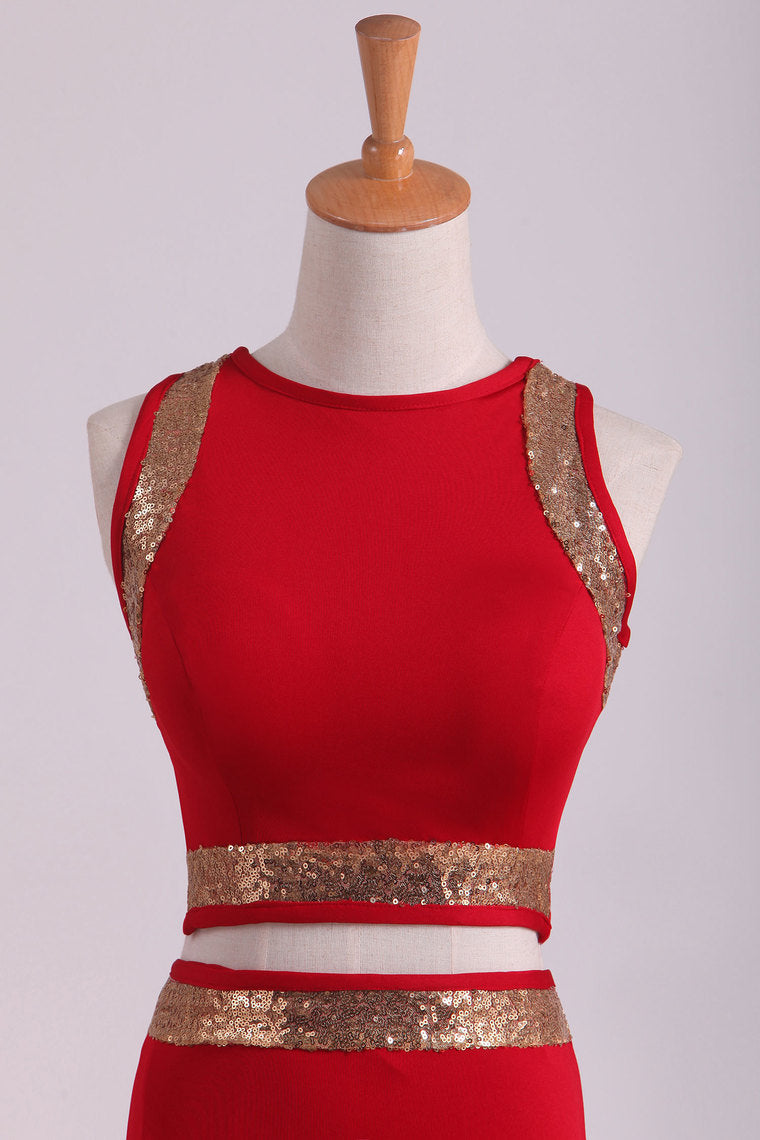 2022 Open Back Prom Dresses Two Pieces Spandex With Beads And Slit Sheath