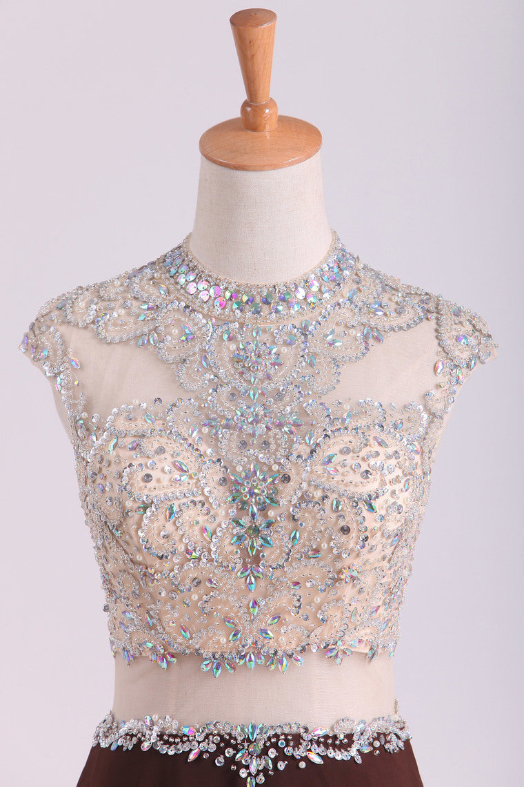 2022 Scoop Prom Dresses A Line Beaded Bodice Chiffon & Tulle With Slit Color Chocolate