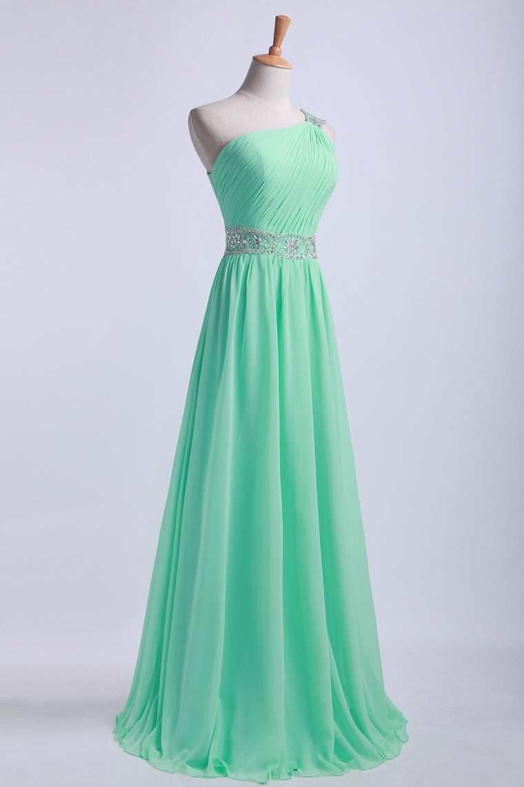 2022 One Shoulder A-Line Prom Dresses Floor Length Chiffon With Beading&Sequins