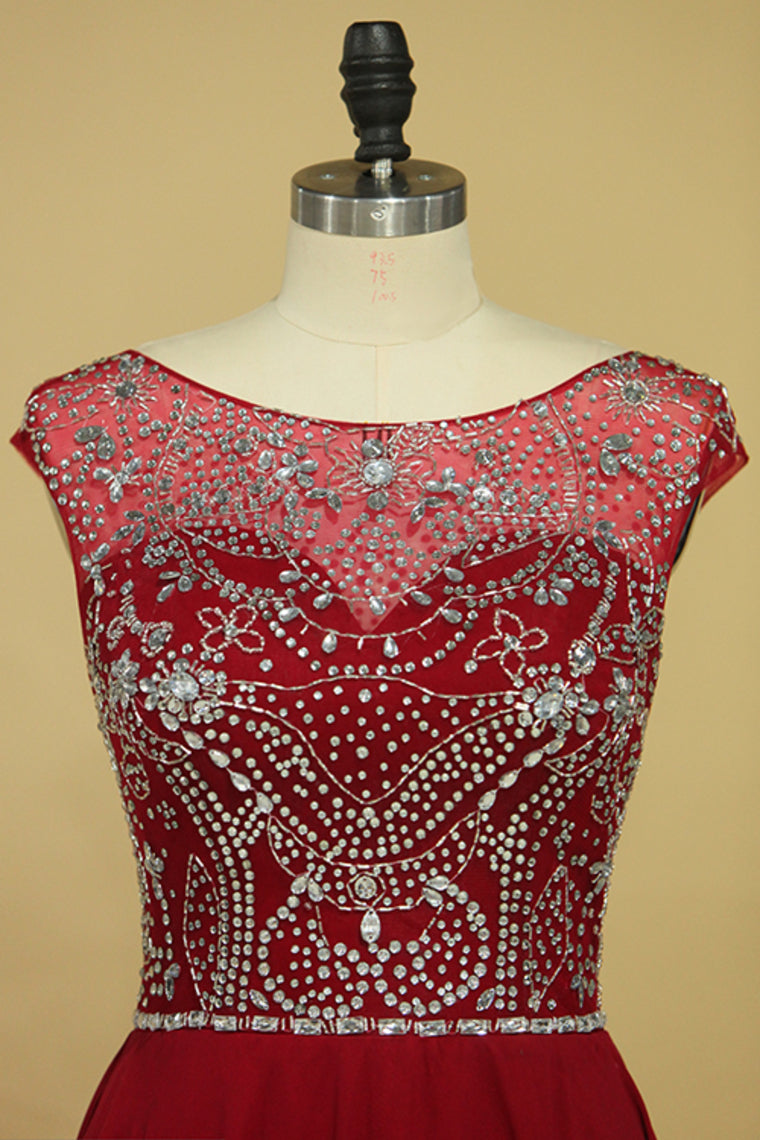 2022 Burgundy Prom Dresses A-Line Scoop Floor-Length Chiffon Beaded Bodice