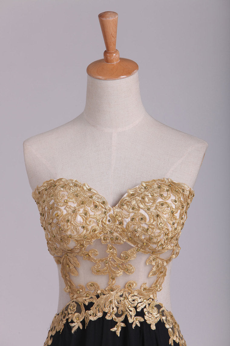 2022 Sweetheart Prom Dresses A Line Chiffon With Gold Applique Sweep Train