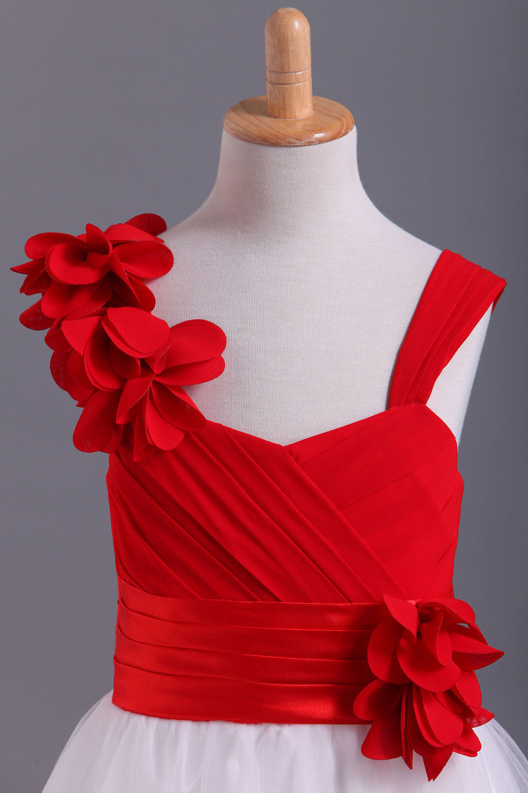 2022 Bicolor Straps A-Line Chiffon & Tulle Flower Girl Dresses With Ruffles