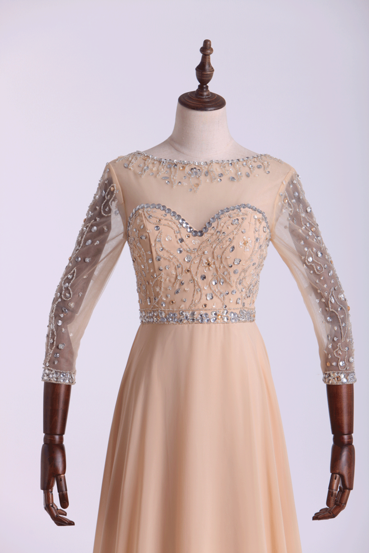 2022 Prom Dresses Bateau 3/4 Length Sleeve A Line Chiffon With Beads