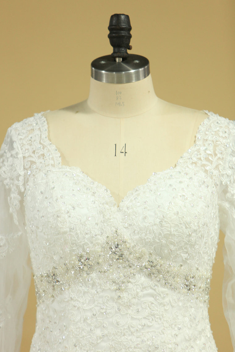 2022 Plus Size V-Neck Long Sleeves Wedding Dresses With Applique Tulle