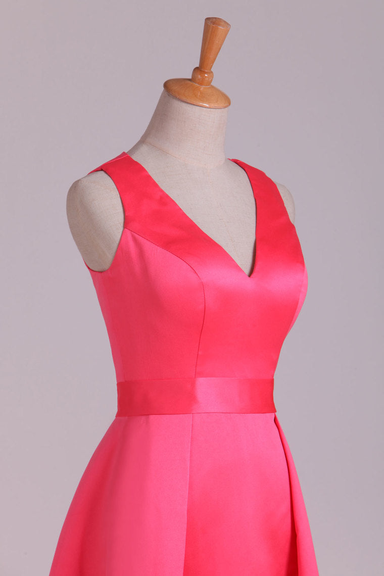 2022 Bridesmaid Dresses V Neck Ankle Length Satin