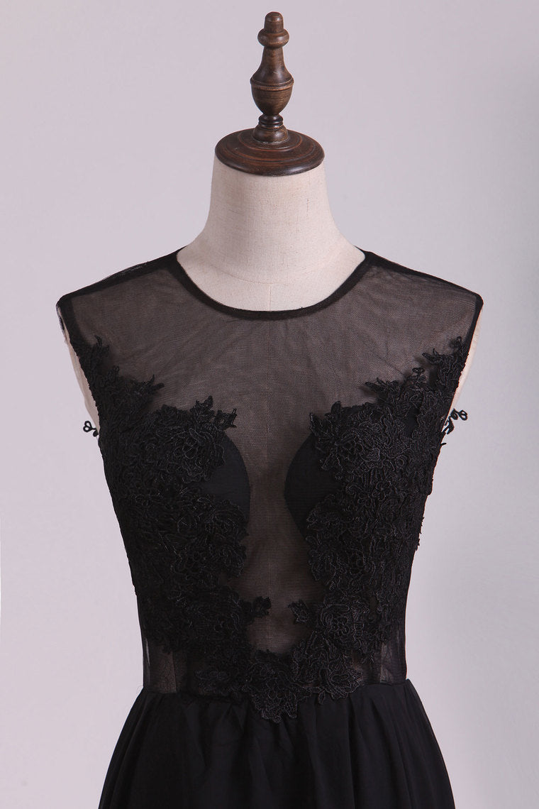 2022 A Line Prom Dresses Scoop Chiffon With Applique And Slit Sweep Train