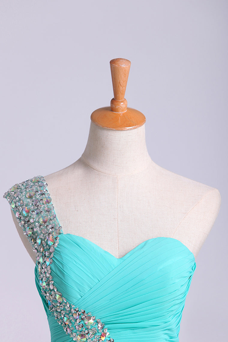 2022 Prom Dress One Shoulder Ruffled Bodice With Rhinestone Beaded Strap