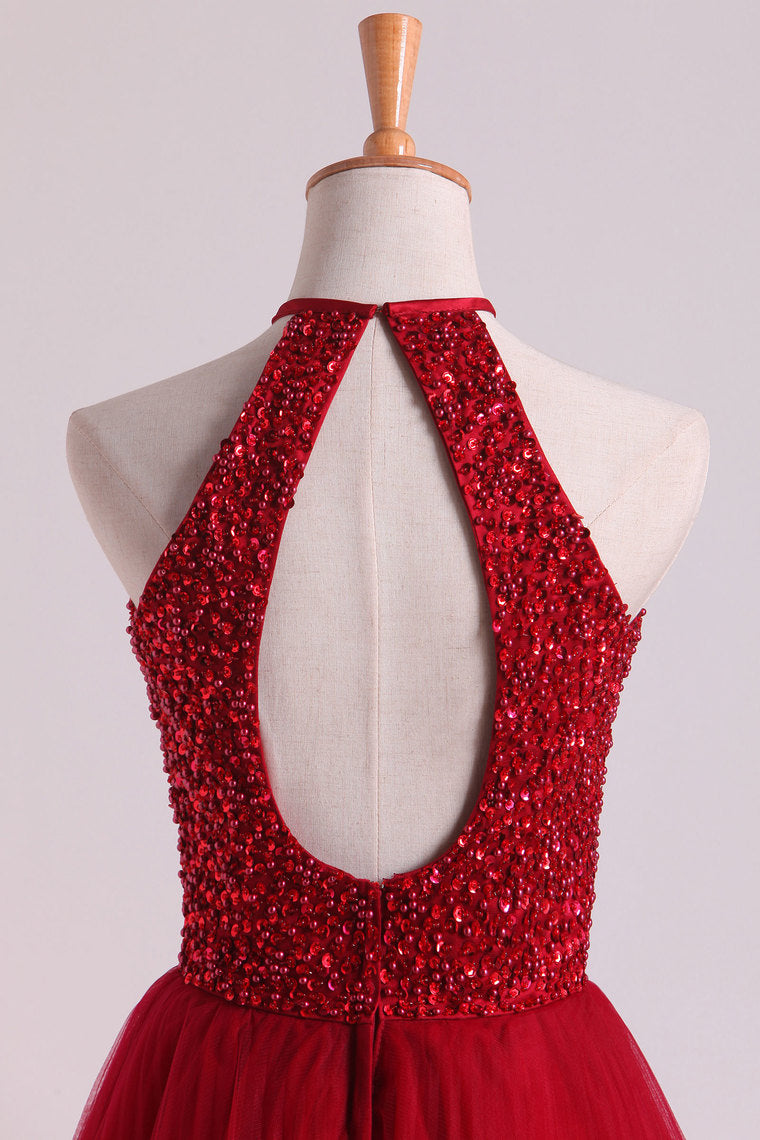 2022 Halter Homecoming Dresses A-Line Tulle Short/Mini Beaded Bodice Burgundy/Maroon