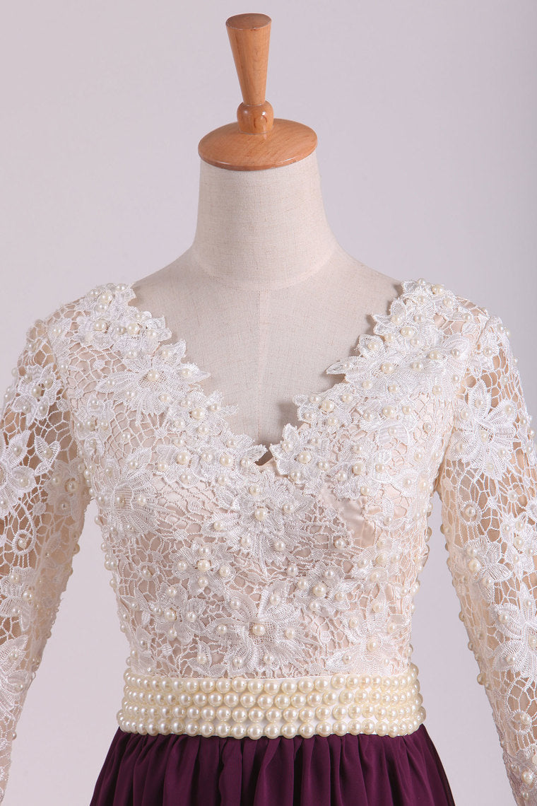 2022 V Neck Sweep Train A Line Prom Dresses Chiffon With Applique