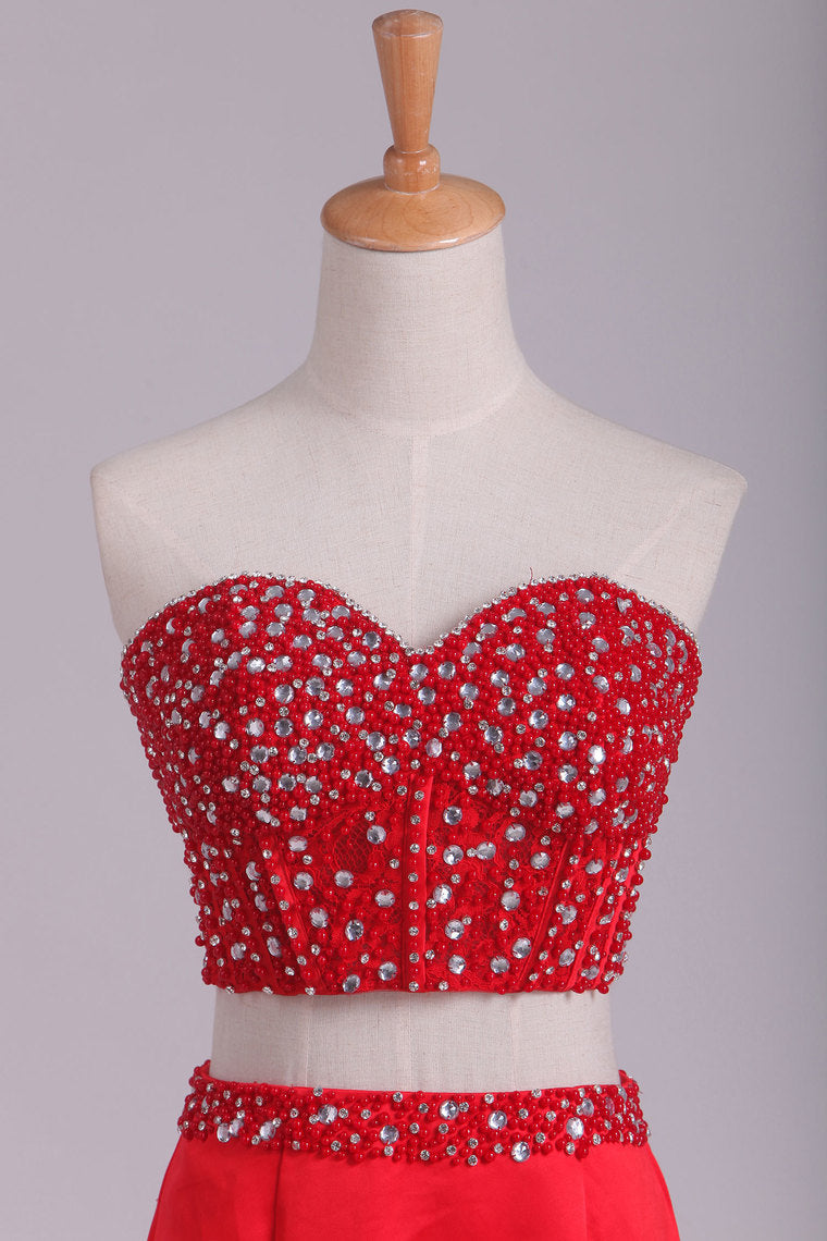 2022 Sweetheart Beaded Bodice Two-Piece Mermaid Prom Dresses Satin