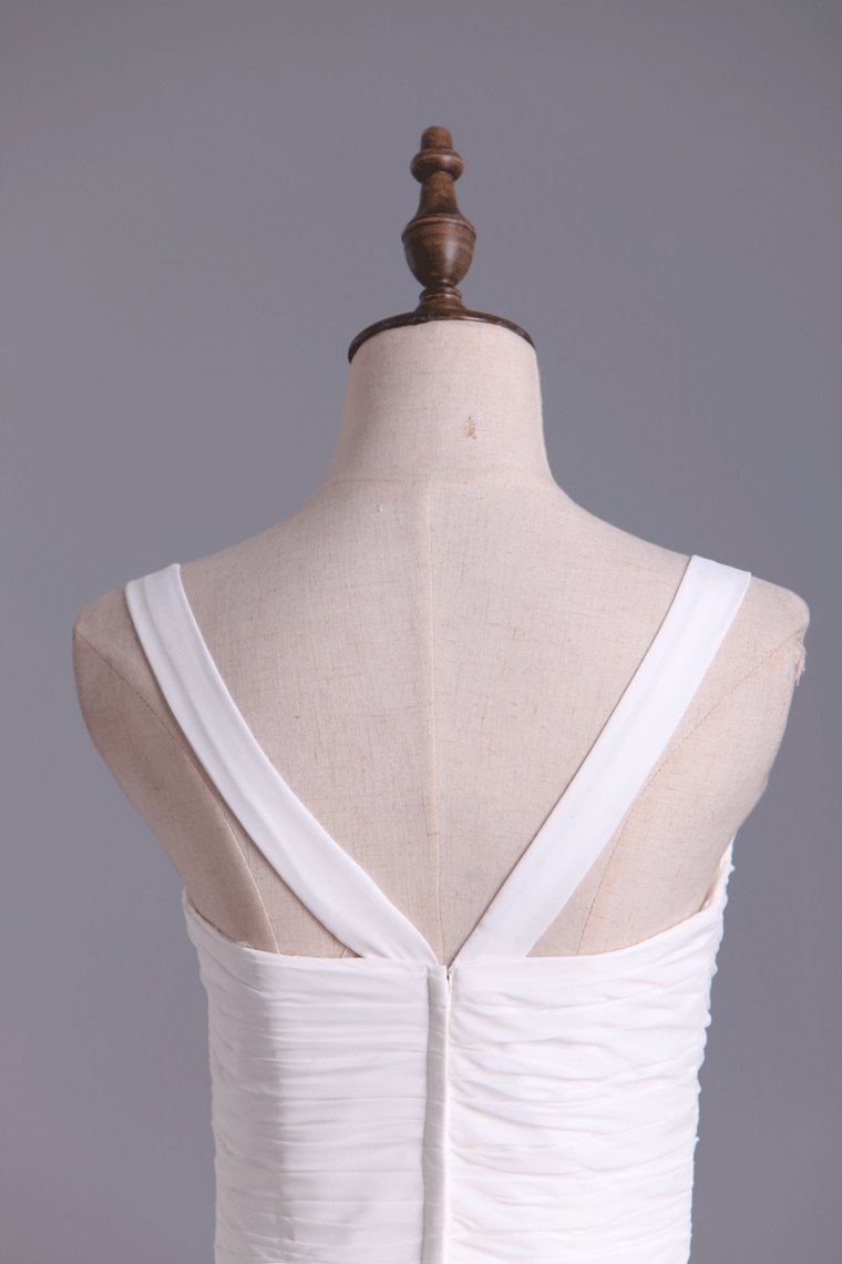 2022 Spaghetti Straps A Line Pleated Bodice Full Length Dress With Shirred Chiffon Skirt