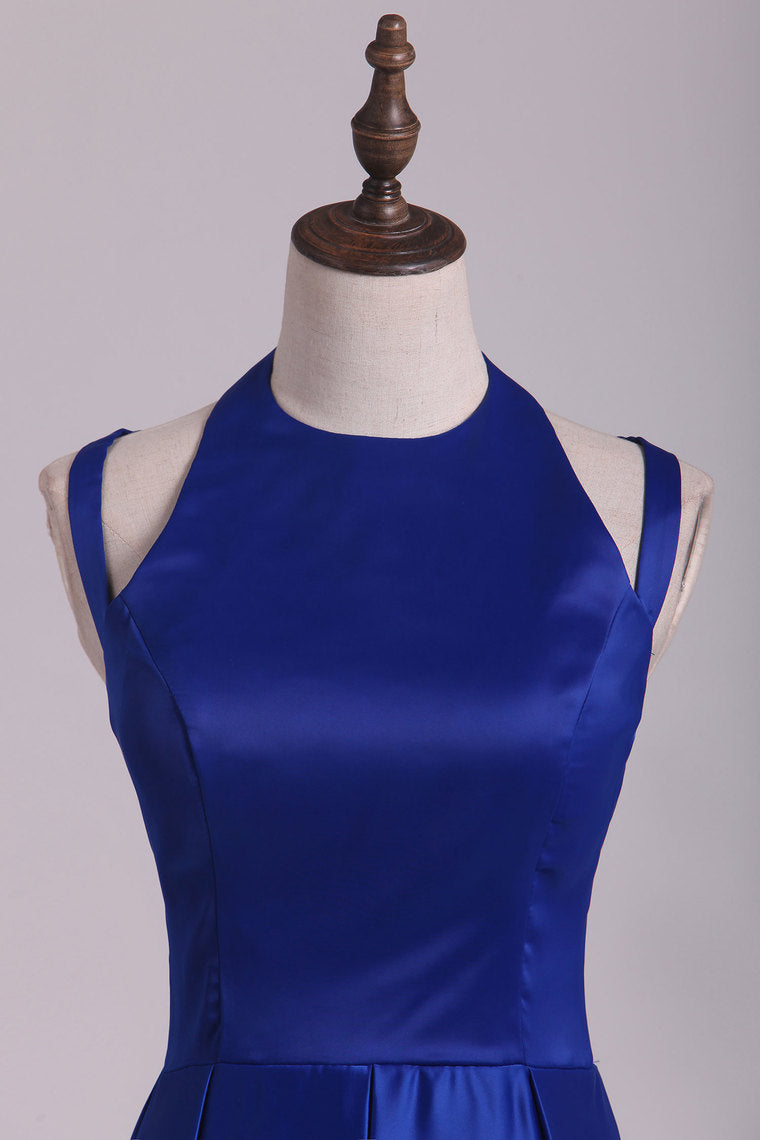 2022 Scoop Prom Dresses A Line Open Back Stretch Satin With Slit Floor Length