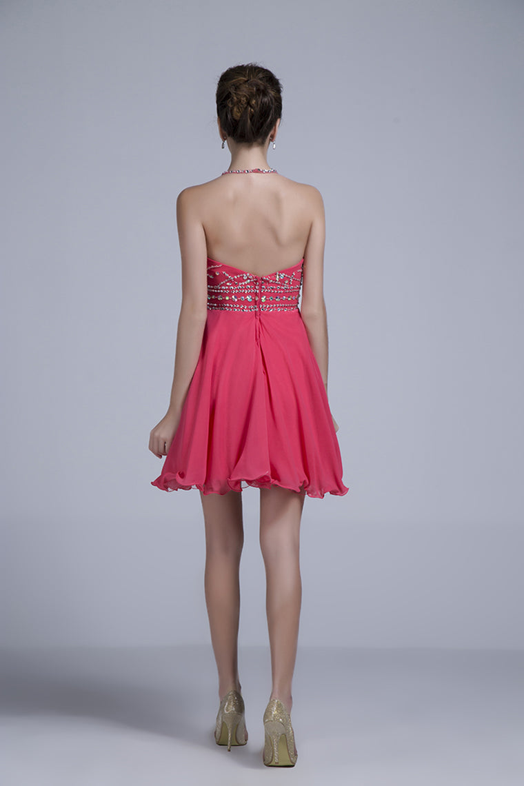 2022 Halter A Line Sexy And Cute Homecoming Dress Short/Mini Chiffon&Tulle Beaded