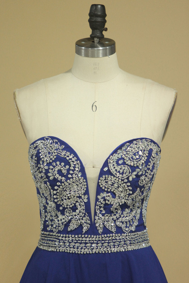 2022 A Line Sweetheart Beaded Bodice Prom Dresses Dark Royal Blue Chiffon Floor Length