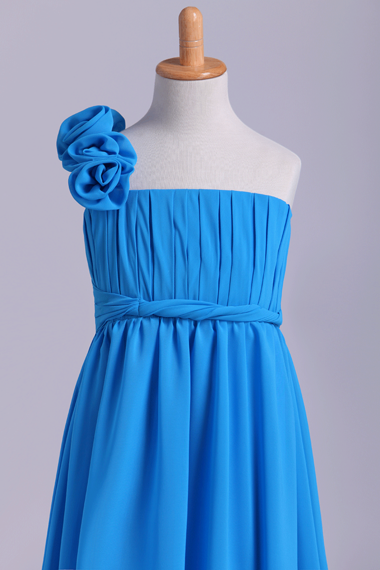 2022 Junior Bridesmaid Dresses A-Line One Shoulder Chiffon With Handmade Flower Floor Length