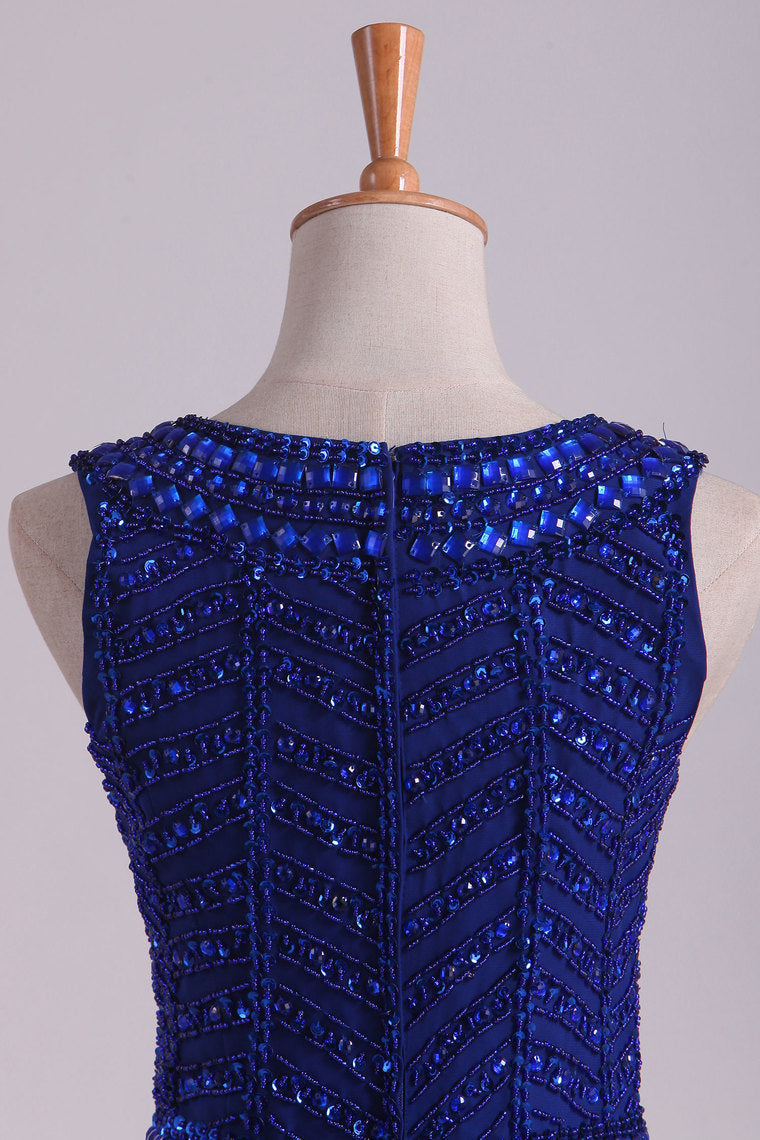 2022 Dark Royal Blue Prom Dresses Scoop A Line Chiffon With Beading Floor Length
