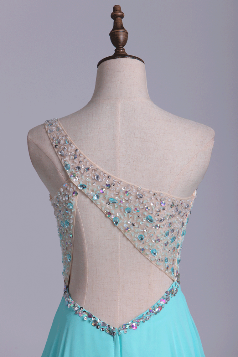 2022 Prom Dresses A Line One Shoulder Tulle & Chiffon Sweep Train With Beading