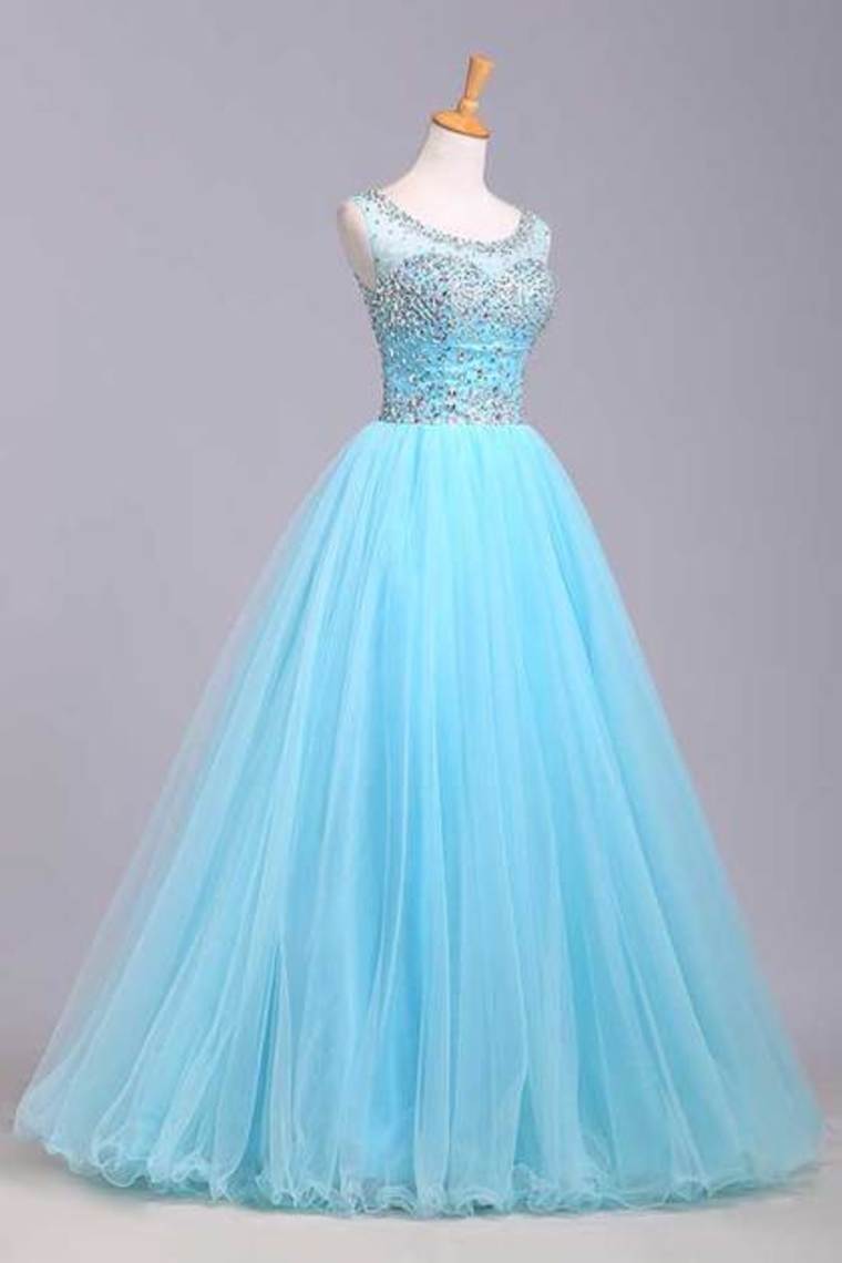 2022 Bateau Beaded Bodice A Line/Princess Prom Dress With Tulle Skirt Open Back