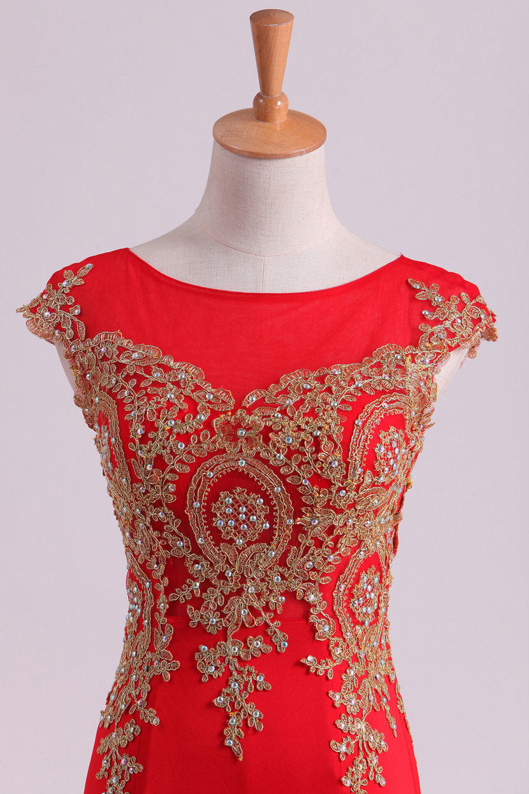 2022 Red Prom Dresses Scoop Mermaid With Applique Spandex Sweep Train