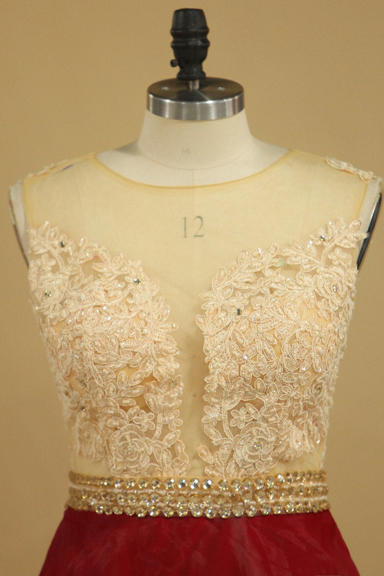 2022 Scoop A Line Prom Dresses Organza With Sash & Applique Burgundy/Maroon