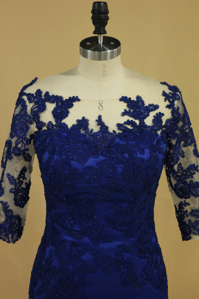 2022 Bateau Dark Royal Blue Mother Of The Bride Dresses 3/4 Length Sleeve With Applique Satin Dark Royal Blue