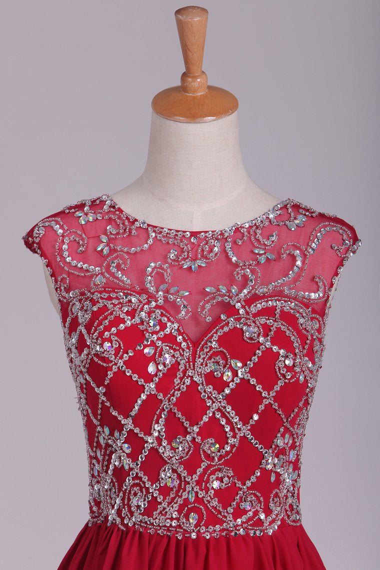 2022 Open Back Scoop Beaded Bodice A Line Chiffon Prom Dresses