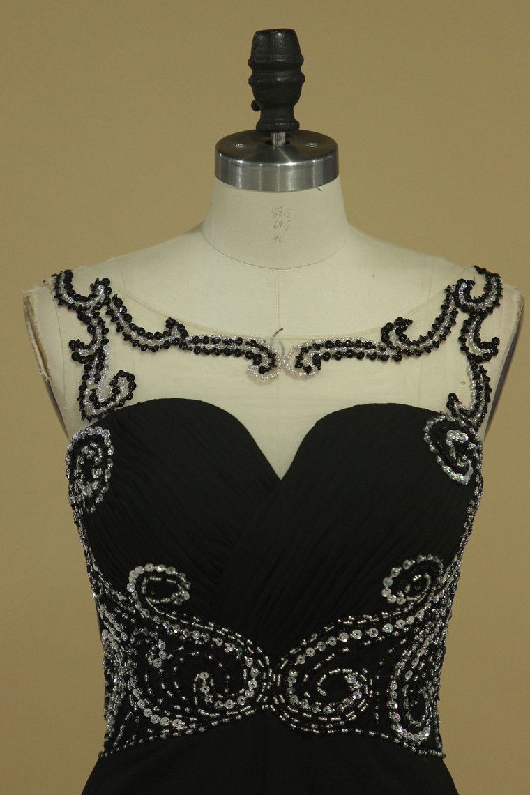 2022 Bateau With Beads And Ruffles Prom Dresses A Line Chiffon Sweep Train