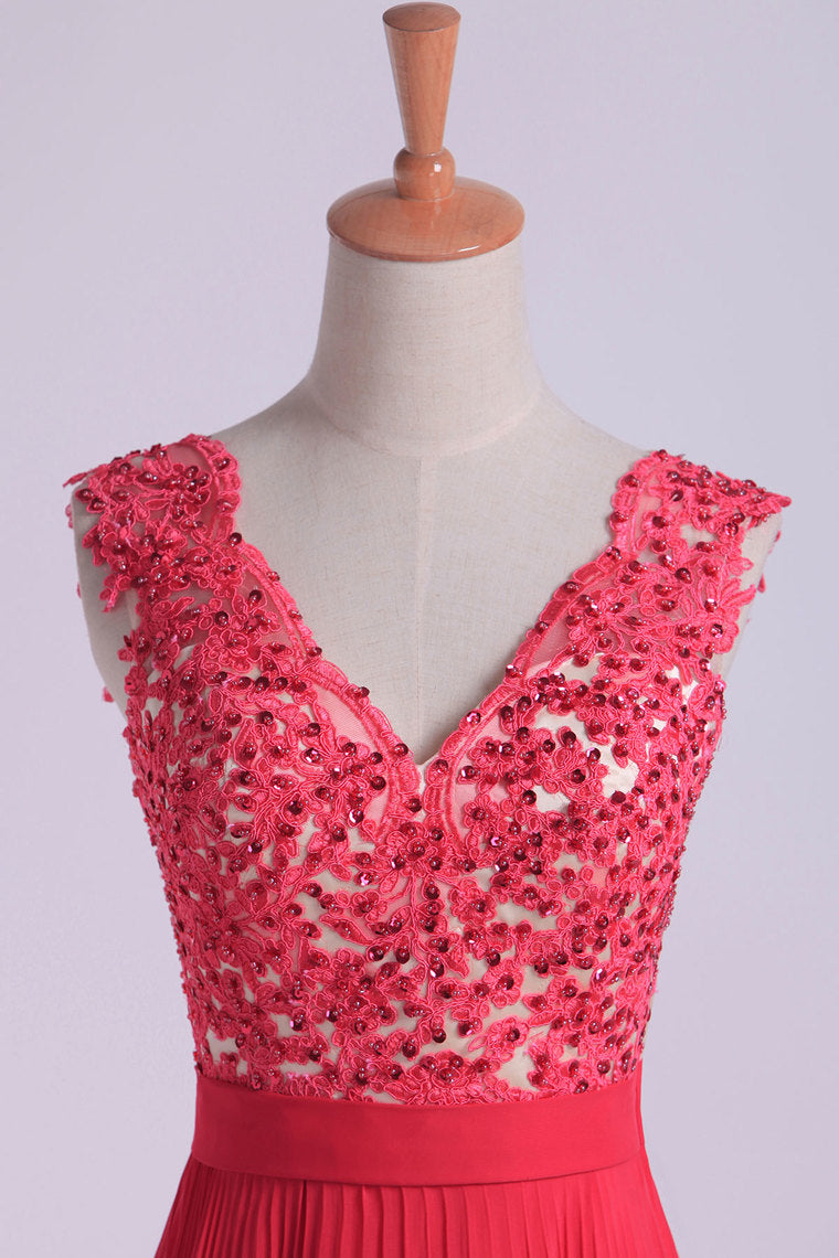 2022 V Neck Prom Dress Appliqued Bodice Ruched Waistband Flowing Chiffon Skirt